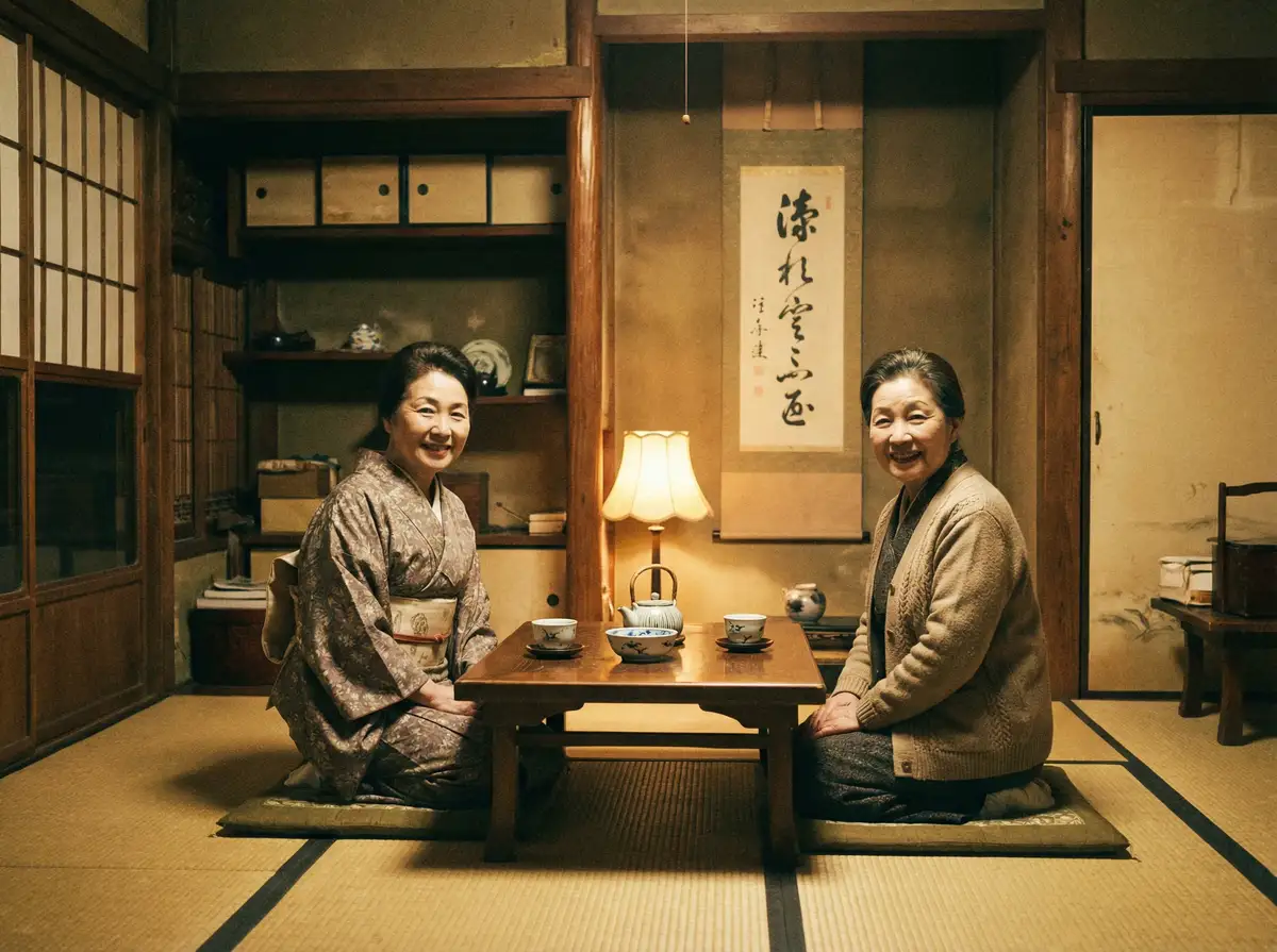 两位优雅的 博鱼体育平台 在日式茶室中品茶交谈